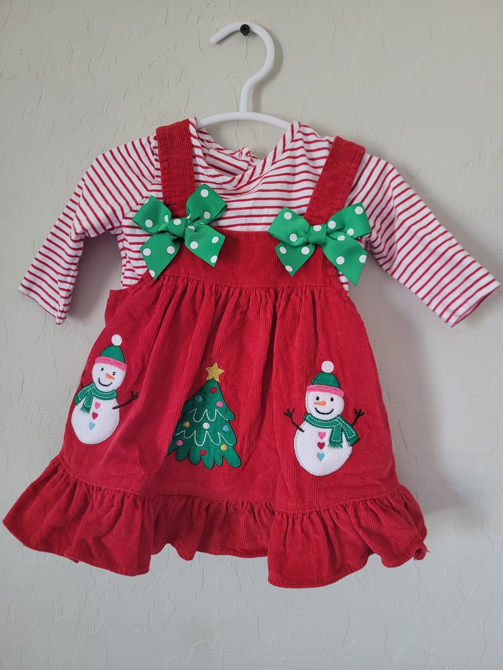 Red Holiday Corduroy Pinafore Dress with Striped Top and Green Bows